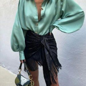 Brand New ZARA mini black wrap pattern with fringes